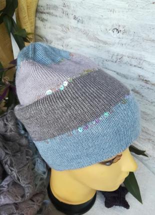Зимова шапка біні | подвійна | широка смужка триколірна паєтки1 фото