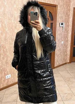 Зимняя теплющая куртка,пальто с мехом, под лак турция, большие объемы,до ог 125, скидка.