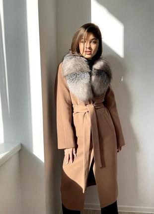 Зимнее кашемировое роскошное брендовое длинное пальто с мехом лисы6 фото