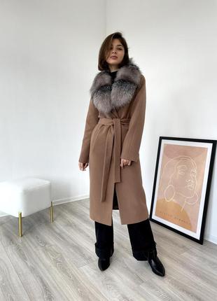 Зимнее кашемировое роскошное брендовое длинное пальто с мехом лисы9 фото