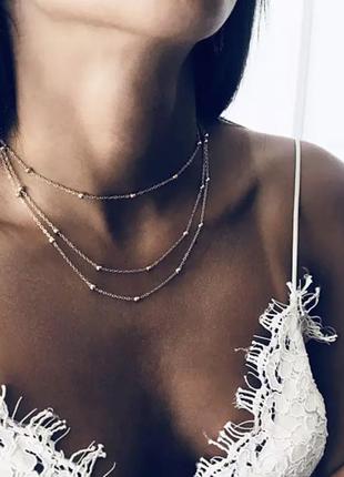 Чокер багатошаровий ланцюжок під срібло 925 з бусинками