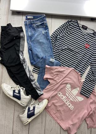 Лот одежды,кроссовки reebok  комплект набор пакет,джинсы,топик футболка с логотипом адидас,тельняшка,кофта в полоску,спортивные лосины,спорта и бега