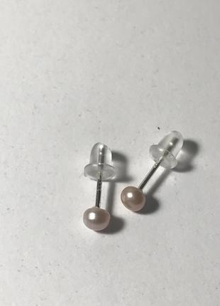 Мінімалістичні класичні сережки гвоздики перлинки перли натуральні річкові 3-4 мм діаметр срібло 999 проби1 фото