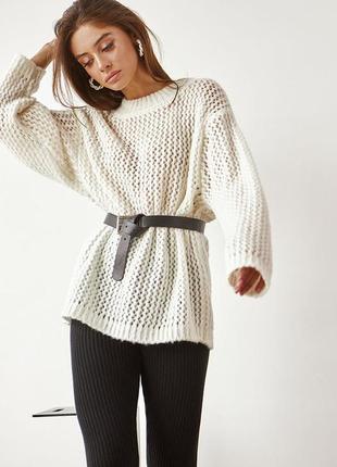 Ажурний жіночий білий светр - оверсайз з круглим вирізом з вовни і мохеру 42-46, 48-52