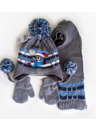 1-4г ведмедик-пілот 3в1шапка на флісі +шарф+рукавиці kitti cool демі /зима 44-52 сірий1 фото