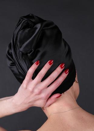 Набір шовковий тюрбан-рушник + рушник для обличчя. чорний (натуральний шовк/махра)5 фото