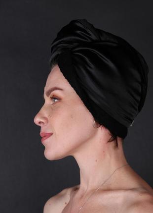 Набір шовковий 1 тюрбан-рушник + 2 рушника для обличчя. колір чорний. (натуральний шовк/махра)2 фото