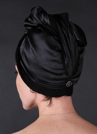 Набір шовковий 1 тюрбан-рушник + 2 рушника для обличчя. колір чорний. (натуральний шовк/махра)5 фото