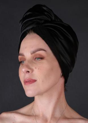 Набір шовковий 1 тюрбан-рушник + 2 рушника для обличчя. колір чорний. (натуральний шовк/махра)4 фото