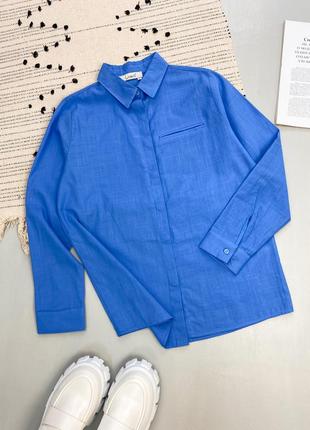 Синяя котоновая рубашка7 фото