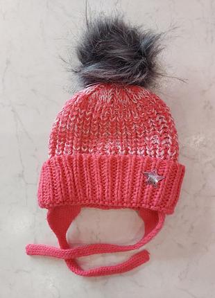 Шапка зимняя на флисе flex с бобоном малиновый меланж 2-4 года8 фото