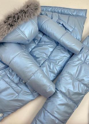 Зимовий комплект ніжно блакитний колір з хутром натуральним песця на флісі до -30 морозу6 фото