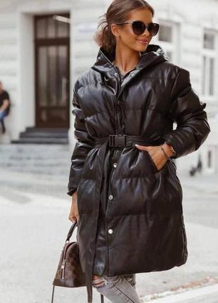 Зима!! куртка пуховик кожа пальто с поясом длинное теплое с капюшоном черное бежевое песочное1 фото
