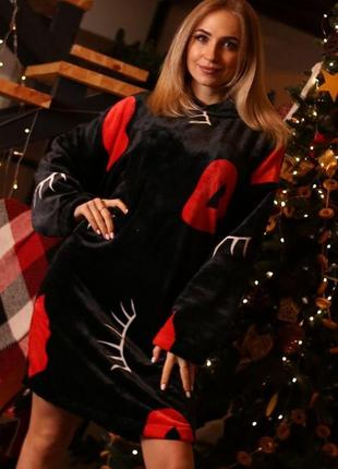 Женская теплая плюшевая туника - халат для дома с капюшоном и  карманом мягкая рукав летучая мышь