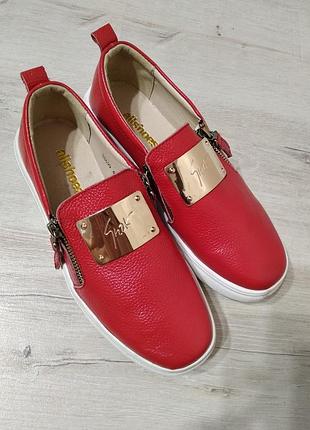 Кожаные комфортные слипоны красные натуральная кожа