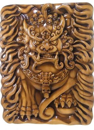 Панно "небесный лев будды" деревянное ,резное,покрыто патиной(29х38х2,4 см)