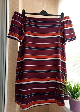 Супер модное платье мини с открытыми плечами в полоску