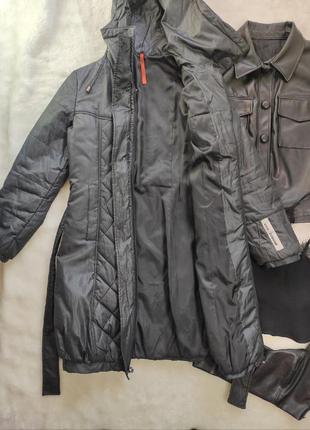 Чорний зимовий пуховик куртка довга тепла пальто з поясом капюшоном пальто4 фото