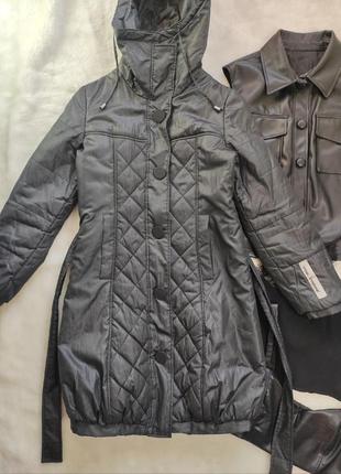 Чорний зимовий пуховик куртка довга тепла пальто з поясом капюшоном пальто2 фото
