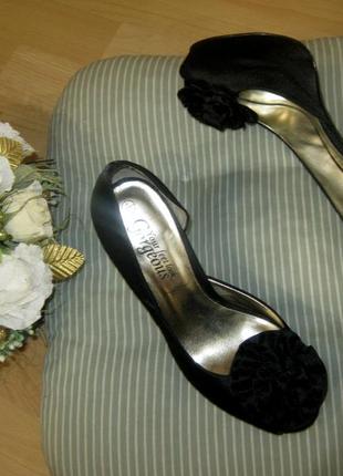 Чорні туфлі на шпильці / босоніжки/ човники з квіткою текстиль
