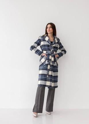 Демисезонное красивое женское пальто прямого фасона, двубортное, синий +белый 40-481 фото