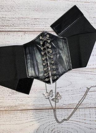 Широкий пояс - корсет еластичний чорний зі шнурівкою ланцюжком5 фото