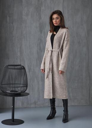 Вязаное женское бежевое пальто на запах ниже колен 42-46, 48-52
