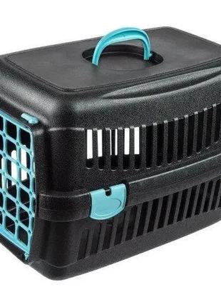Переноска для кошек и собак до 12 кг animall cnr-102b (48.5х32.5х32.5 см) чёрная с голубой пластиковой дверью