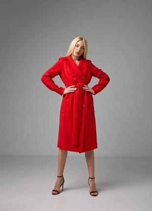 Червоне кашемірове пальто жіноче довжини міді під пояс 40 з 48