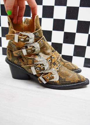 Казаки кожаные ботинки змеиный принт сапоги ковбойские с пряжками3 фото