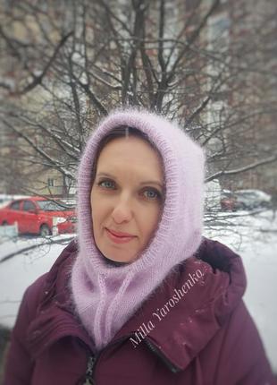 Капор шапка снуд з пуха норки рожево-бузковий