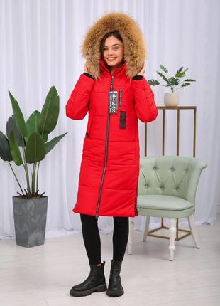 Тепла червона зимова жіноча куртка з хутром єнота finland. бескоштовна доставка