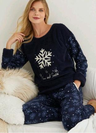 Тепла флісова піжама піжамка для дому сніжинка ❄️ синя піжама кофта штани флисовая пижама