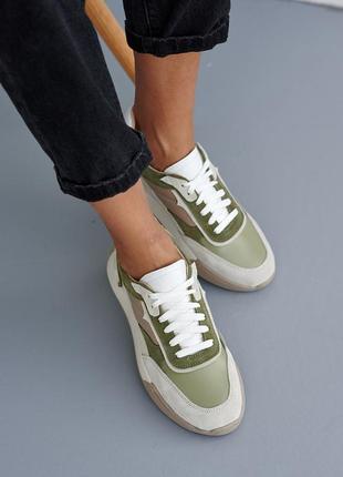 Жіночі кросівки шкіряні весняно-осінні зелені yuves 2094 фото