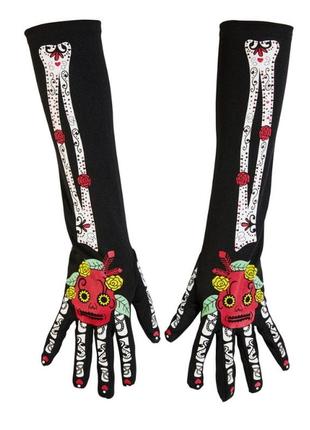 Довгі перчатки halloween. скелет санта муерте подовжені рукавички рукавиці аксесуари декор хеллоуін хеллоуїн хелловін хеловін карнавальний костюм1 фото