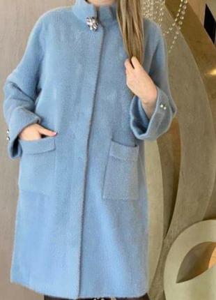 Стильное тёплое пальто с карманами, классика, альпака ангора.6 фото