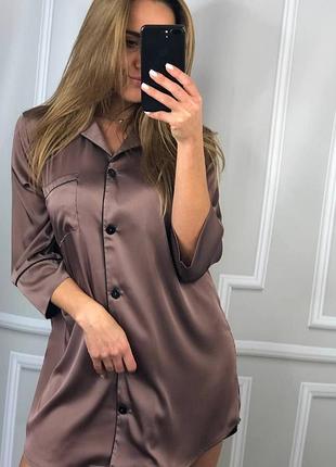 Шовкова коричнева довга сорочка для дому, піжама