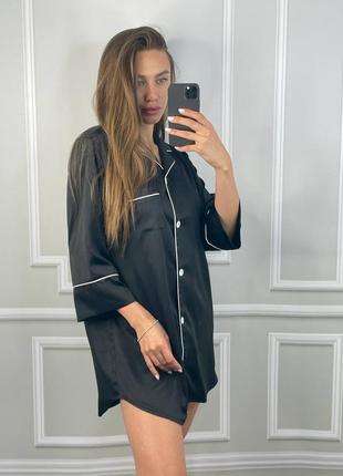 Шовкова чорна довга сорочка для дому, піжама