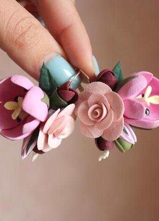 Рожеві сережки ручної роботи "тюльпани з трояндами"3 фото
