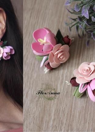 Рожеві сережки ручної роботи "тюльпани з трояндами"2 фото