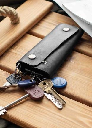 Ключниця з натуральної телячої шкіри ручної роботи чорна кишенькова на кнопках тримач для ключів
