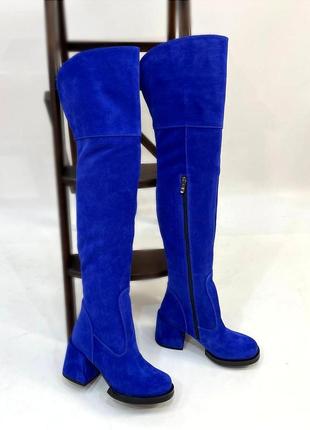 Сині дизайнерські ботфорти індиго натуральний замш шкіра зима демісезон