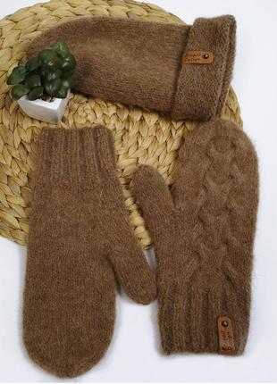 Чоловіча шапка і рукавиці в'язаний набір зима альпака ручна робота5 фото