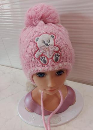 Зимняя шапка fkeks розовая с мишкой ангора и акрил 48 размер 3-6  лет