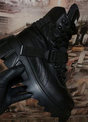 Ботинки женские чёрные шнурок на тракторной подошве зимние кожаные ilona код-(95/561)