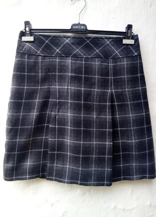 Шерстяная меланж（серая）юбка в клетку впереди складки,классическая,офисная.1 фото