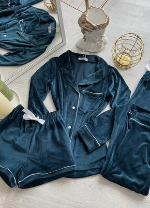 Жіночий плюшевий комплект трійка сорочка, штани та шорти. піжама плюш рубашка, штани, шорти, доманій комплект6 фото