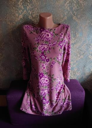 Женское теплое трикотажное платье в цветы р.s/m4 фото