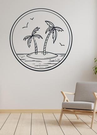 Наклейка на стену (стекло, мебель, зеркало, металл) "остров с двумя пальмами в кругу"