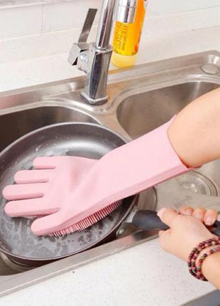 Силиконовые перчатки magic silicone gloves pink для уборки чистки мытья посуды для дома. цвет: розовый4 фото